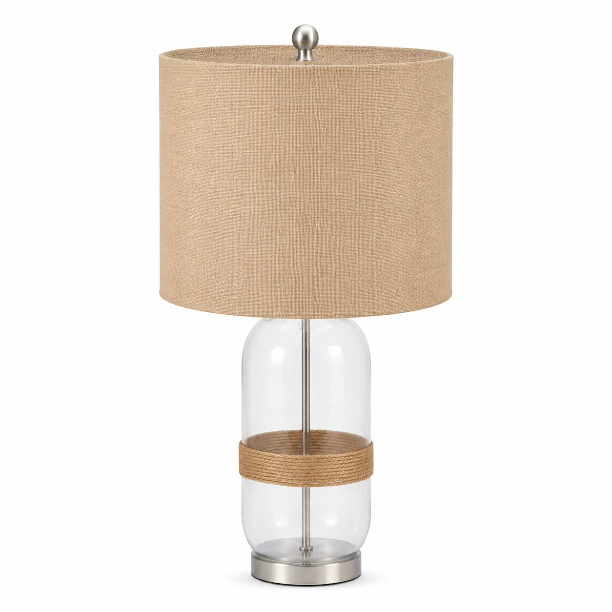 Home Centre Modern Glass Table Lamp with Beige Fabric Shade &amp; Rope Detail