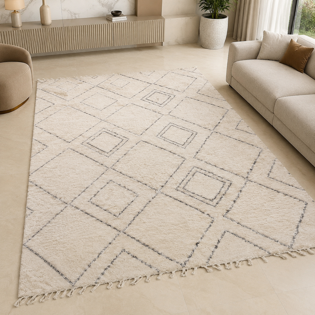 Home Centre Diamant Tufted Berber Shaggy Rug – Black/White – 200 × 290 cm