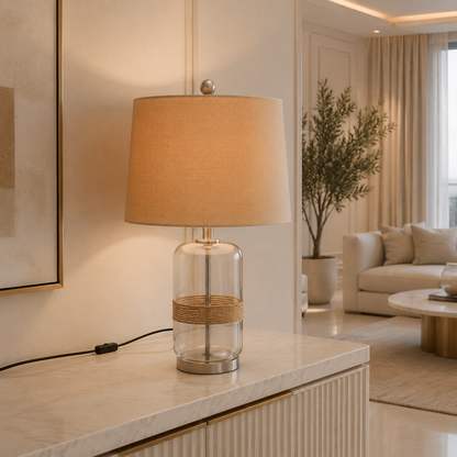 Home Centre Modern Glass Table Lamp with Beige Fabric Shade &amp; Rope Detail