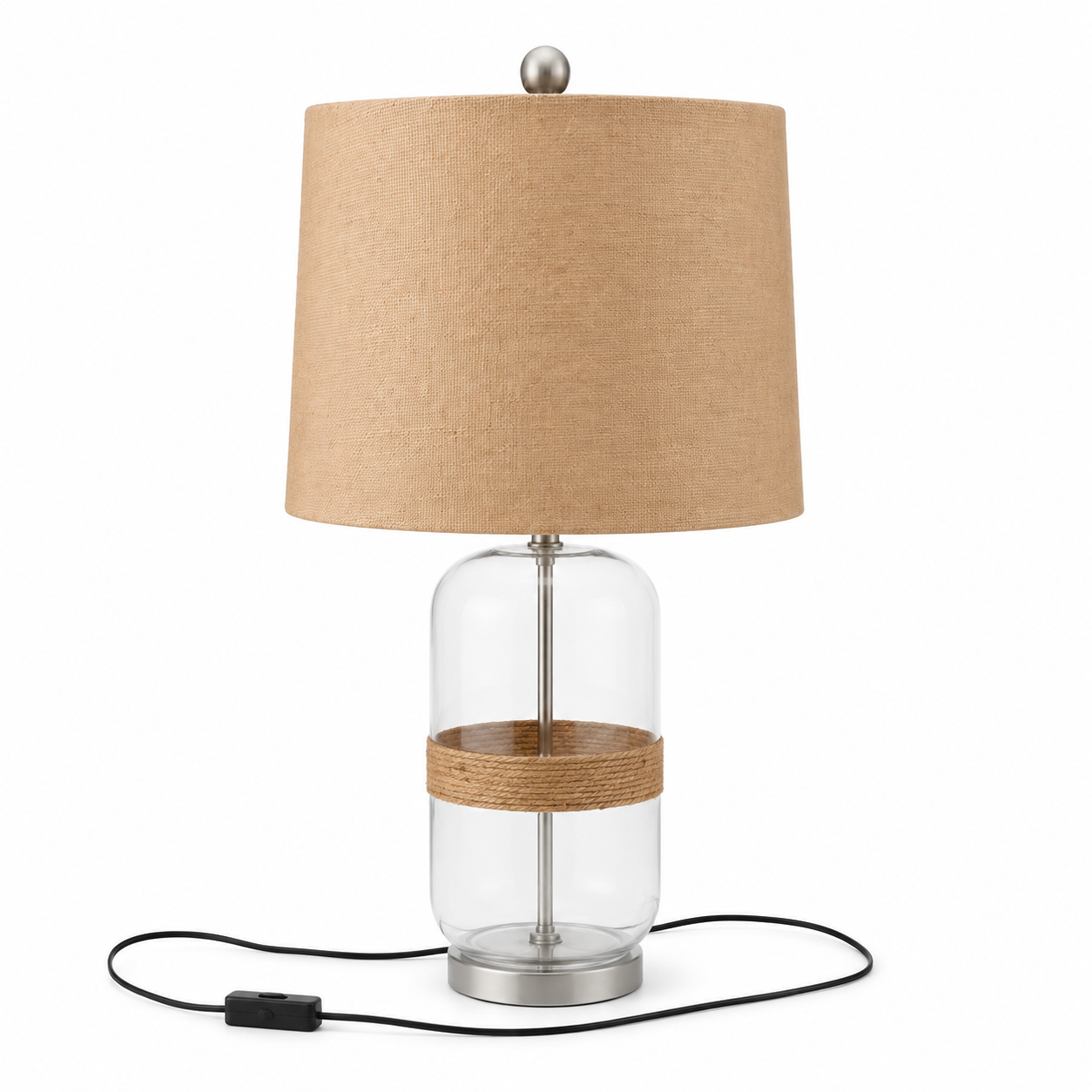 Home Centre Modern Glass Table Lamp with Beige Fabric Shade &amp; Rope Detail