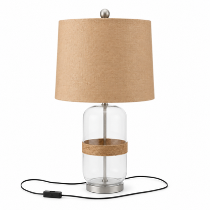 Home Centre Modern Glass Table Lamp with Beige Fabric Shade &amp; Rope Detail