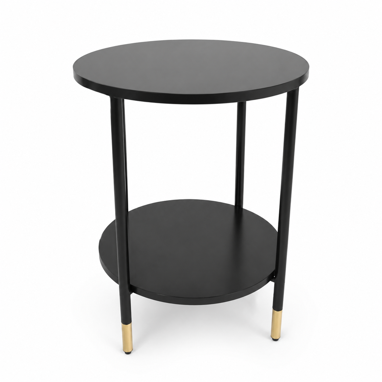 Home Box Modern Round 2-Tier Side Table – Black with Gold-Tone Accents