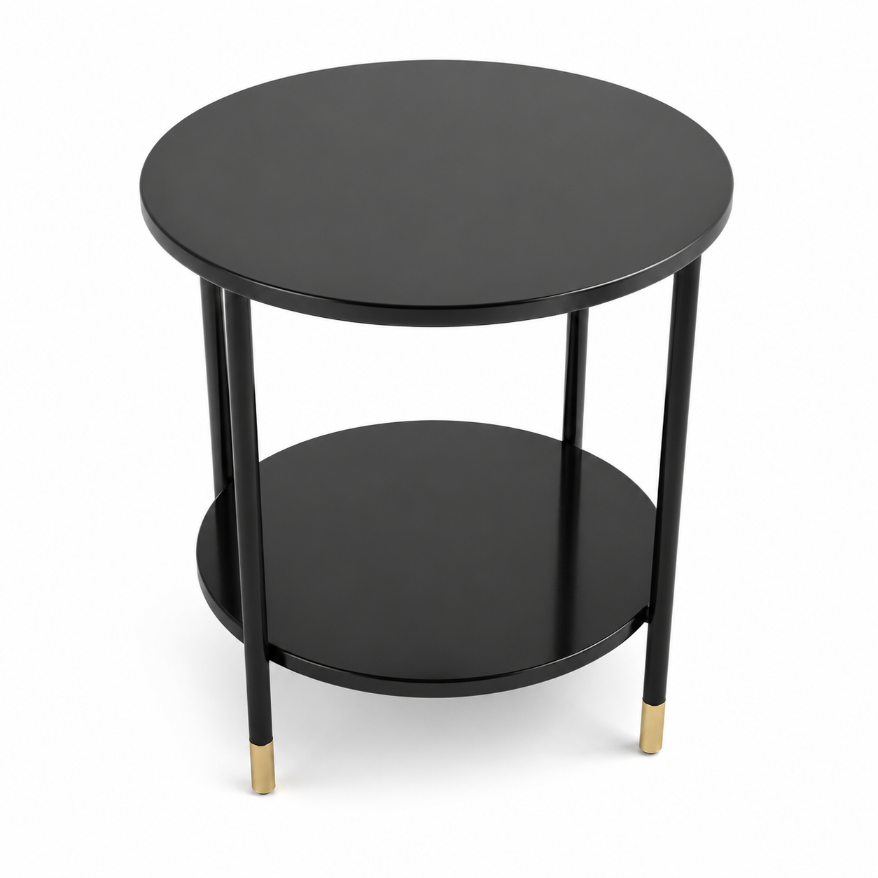 Home Box Modern Round 2-Tier Side Table – Black with Gold-Tone Accents