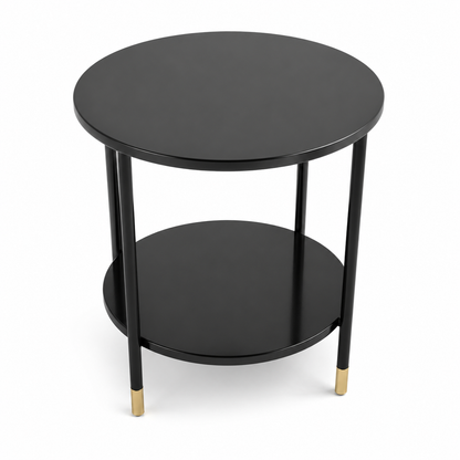 Home Box Modern Round 2-Tier Side Table – Black with Gold-Tone Accents