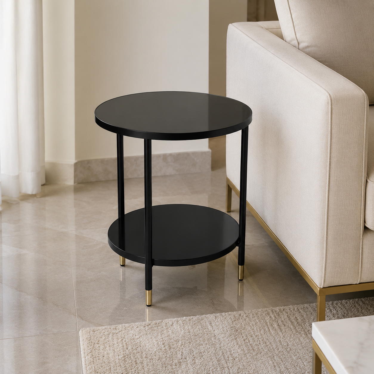 Home Box Modern Round 2-Tier Side Table – Black with Gold-Tone Accents