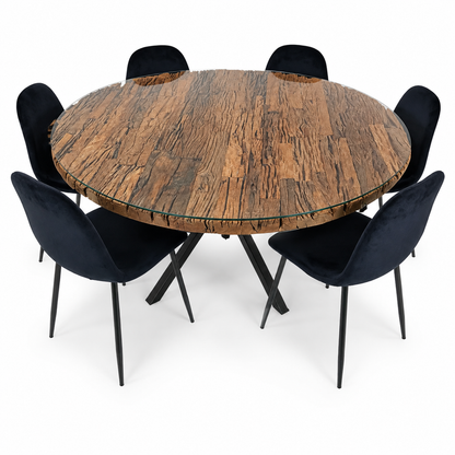 6-Seater Round Dining Set with Glass-Topped Rustic Wood Table &amp; Black Upholstered Chairs