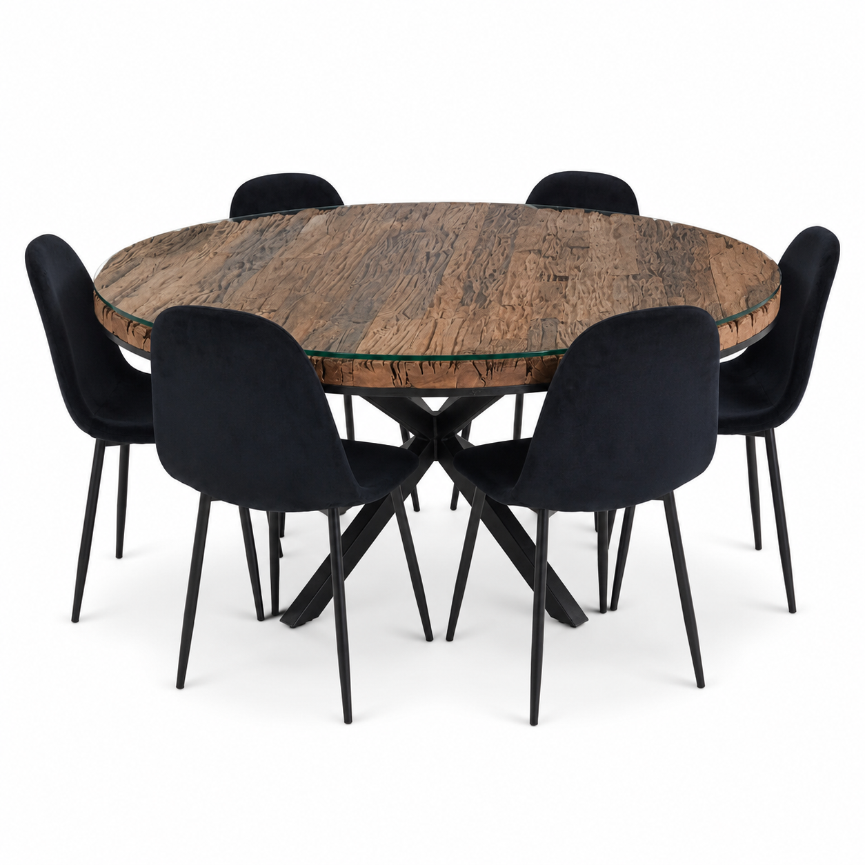 6-Seater Round Dining Set with Glass-Topped Rustic Wood Table &amp; Black Upholstered Chairs