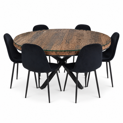 6-Seater Round Dining Set with Glass-Topped Rustic Wood Table &amp; Black Upholstered Chairs