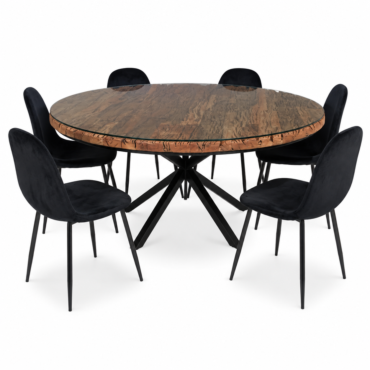 6-Seater Round Dining Set with Glass-Topped Rustic Wood Table &amp; Black Upholstered Chairs