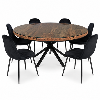 6-Seater Round Dining Set with Glass-Topped Rustic Wood Table &amp; Black Upholstered Chairs