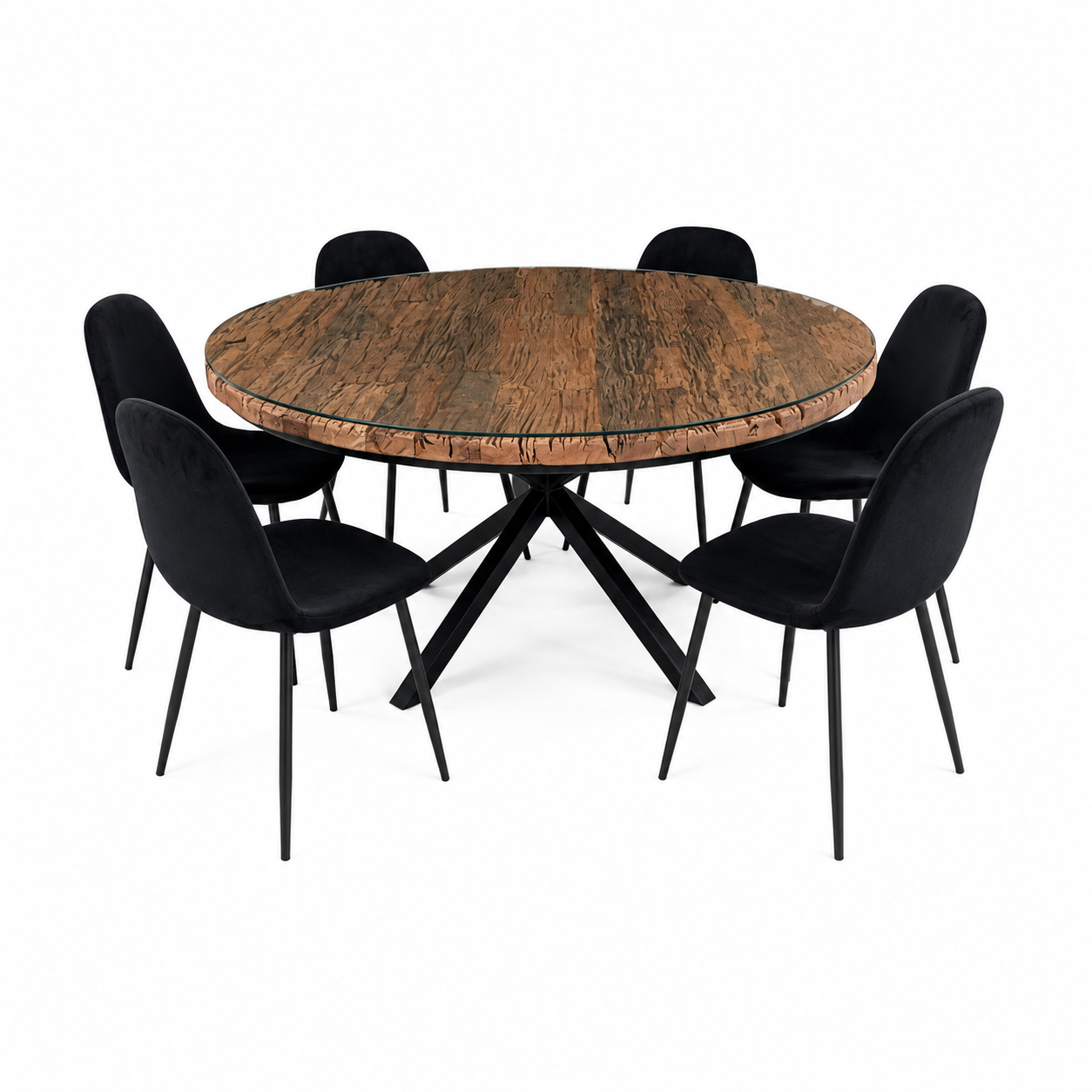 6-Seater Round Dining Set with Glass-Topped Rustic Wood Table &amp; Black Upholstered Chairs
