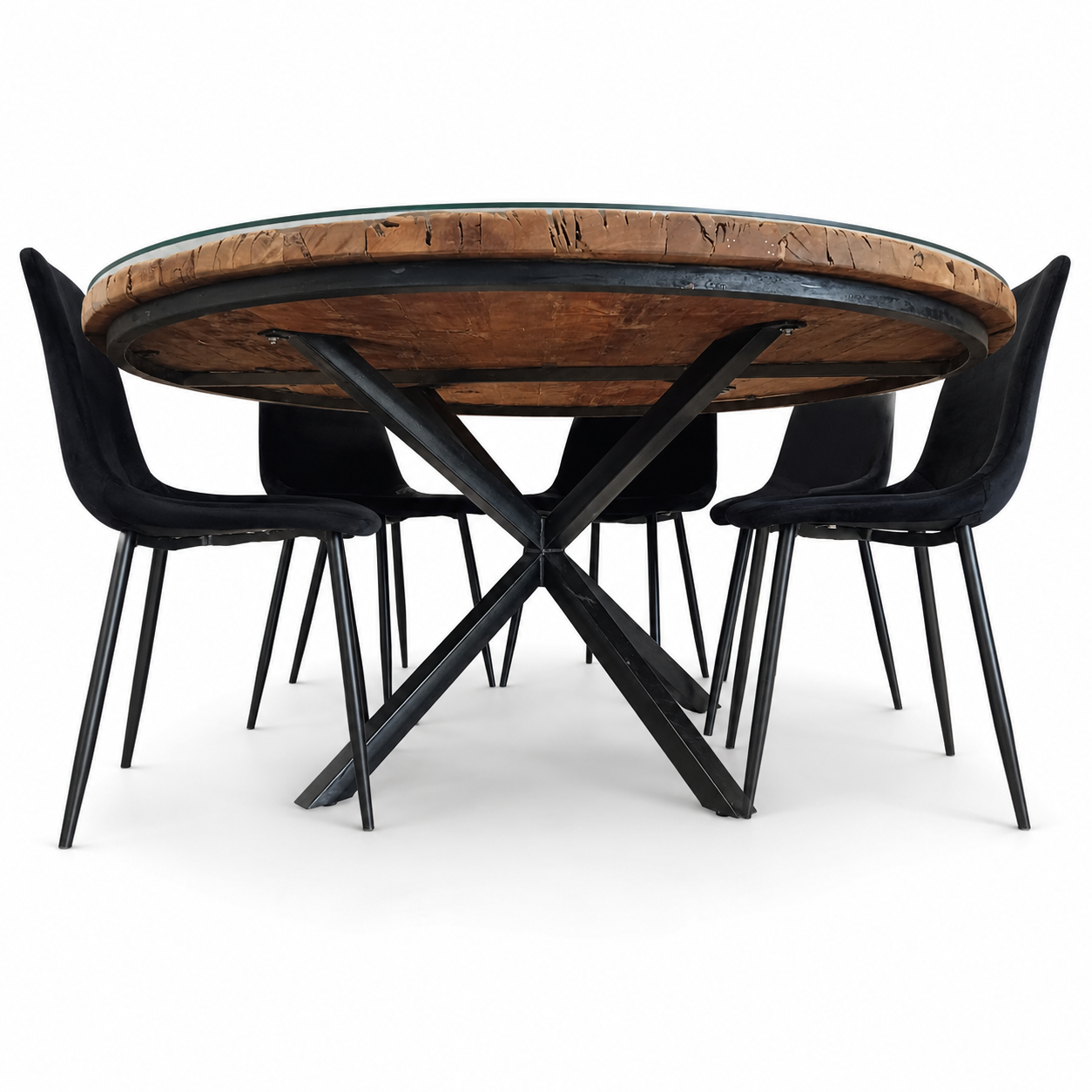6-Seater Round Dining Set with Glass-Topped Rustic Wood Table &amp; Black Upholstered Chairs