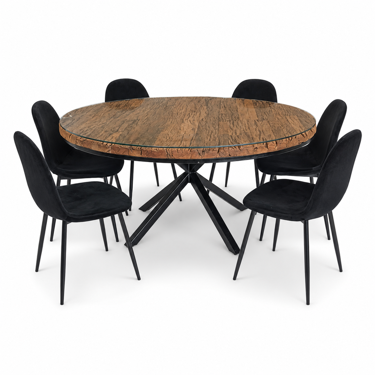 6-Seater Round Dining Set with Glass-Topped Rustic Wood Table &amp; Black Upholstered Chairs