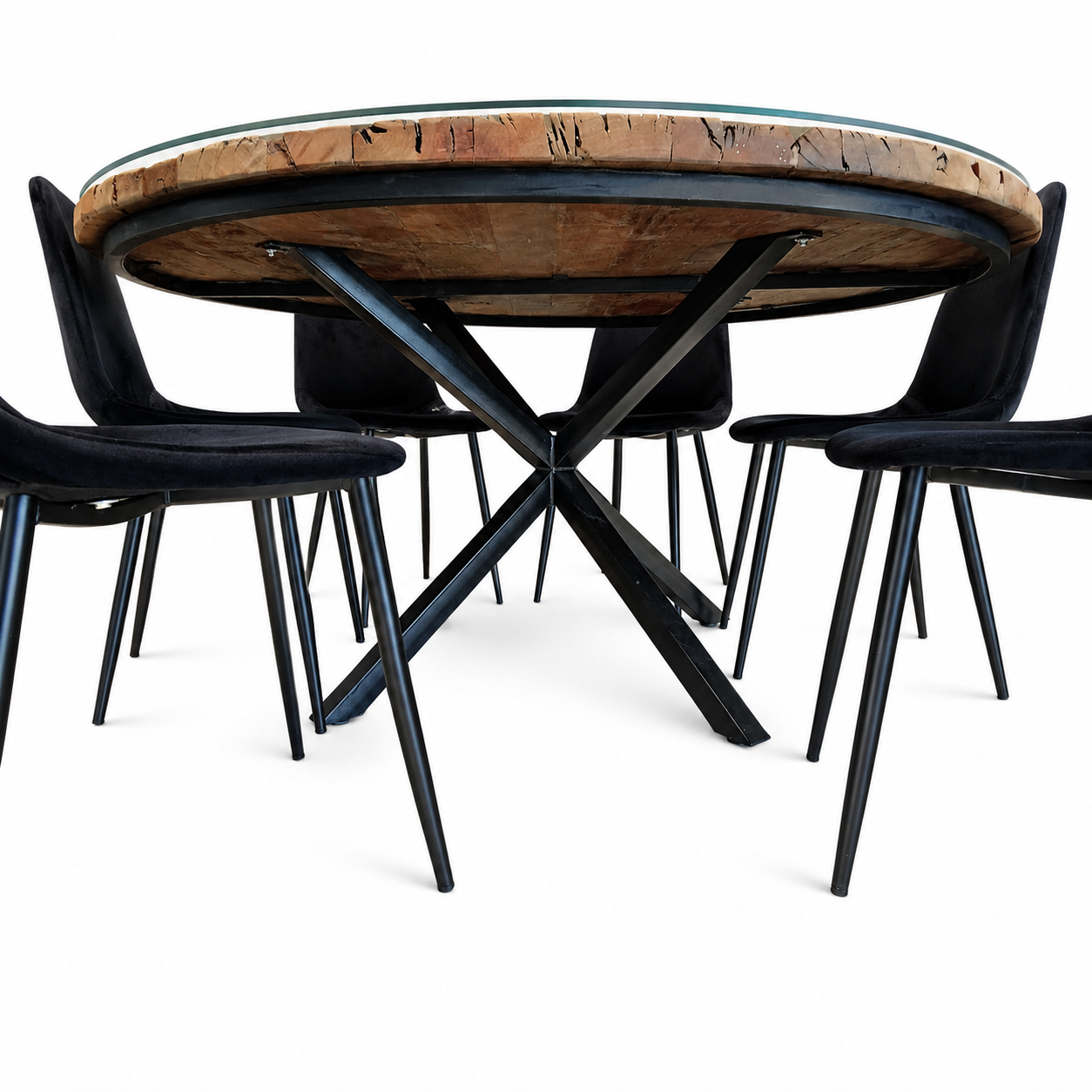 6-Seater Round Dining Set with Glass-Topped Rustic Wood Table &amp; Black Upholstered Chairs