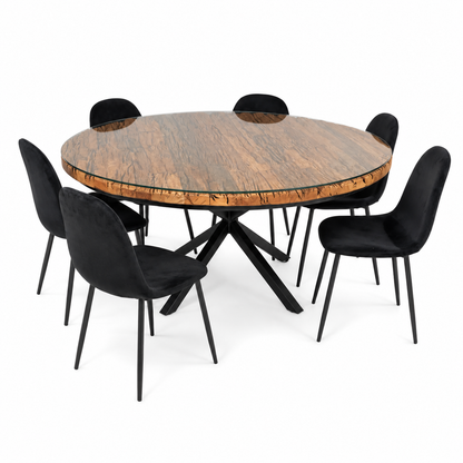 6-Seater Round Dining Set with Glass-Topped Rustic Wood Table &amp; Black Upholstered Chairs
