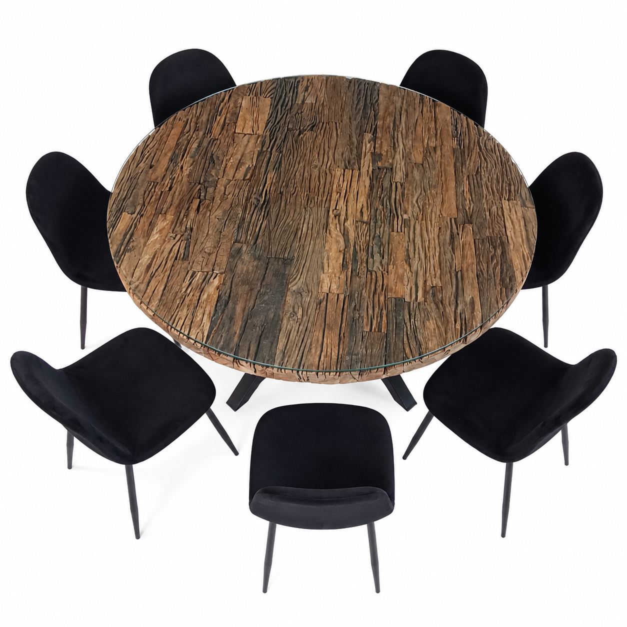6-Seater Round Dining Set with Glass-Topped Rustic Wood Table &amp; Black Upholstered Chairs