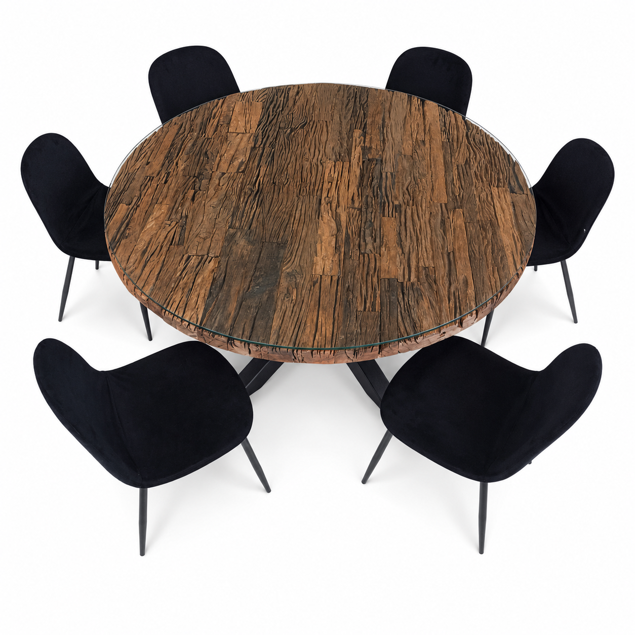 6-Seater Round Dining Set with Glass-Topped Rustic Wood Table &amp; Black Upholstered Chairs