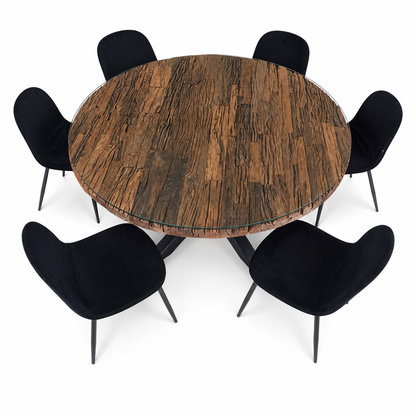6-Seater Round Dining Set with Glass-Topped Rustic Wood Table &amp; Black Upholstered Chairs