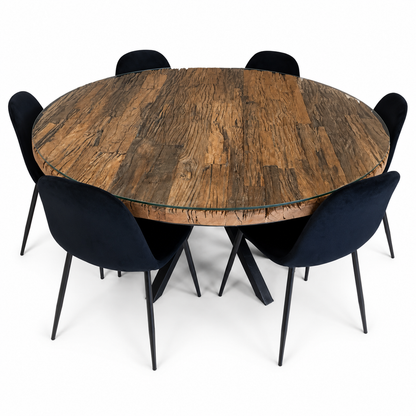 6-Seater Round Dining Set with Glass-Topped Rustic Wood Table &amp; Black Upholstered Chairs