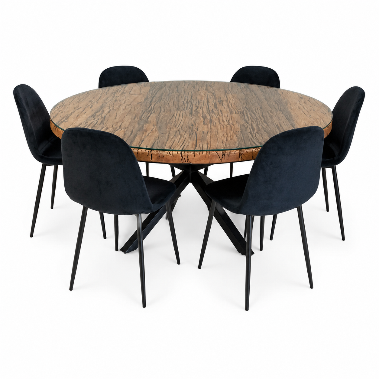 6-Seater Round Dining Set with Glass-Topped Rustic Wood Table &amp; Black Upholstered Chairs