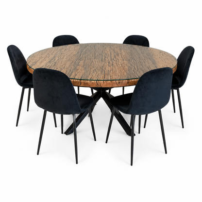6-Seater Round Dining Set with Glass-Topped Rustic Wood Table &amp; Black Upholstered Chairs