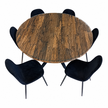 6-Seater Round Dining Set with Glass-Topped Rustic Wood Table &amp; Black Upholstered Chairs