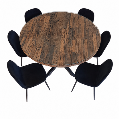 6-Seater Round Dining Set with Glass-Topped Rustic Wood Table &amp; Black Upholstered Chairs