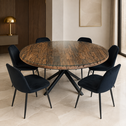 6-Seater Round Dining Set with Glass-Topped Rustic Wood Table &amp; Black Upholstered Chairs