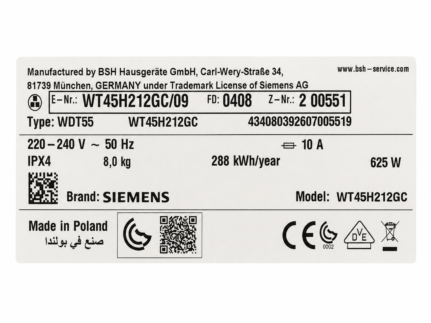Siemens iQ300 WT45H212GC 8kg Heat-Pump Tumble Dryer with AutoDry – White