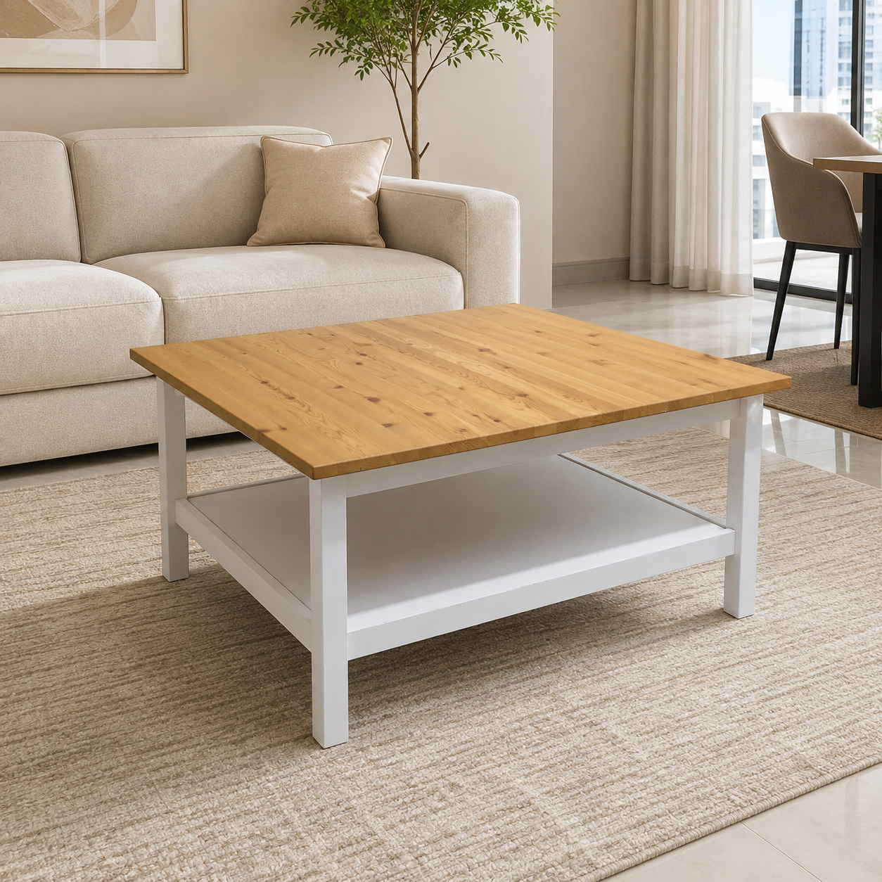 IKEA HEMNES Coffee Table with Shelf – White Stain/Light Brown – 90 × 90 cm
