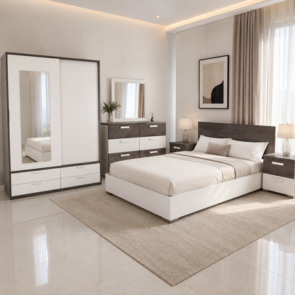 Home Centre Ventura King Bedroom Set with IKEA TRYSIL Wardrobe & Mattress – 180 × 200 cm – White/Concrete