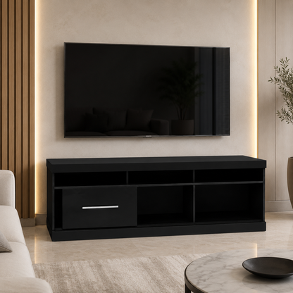 Home Box Modern Black TV Unit with 1 Drawer &amp; 5 Open Compartments – 160 × 40 × 55 cm
