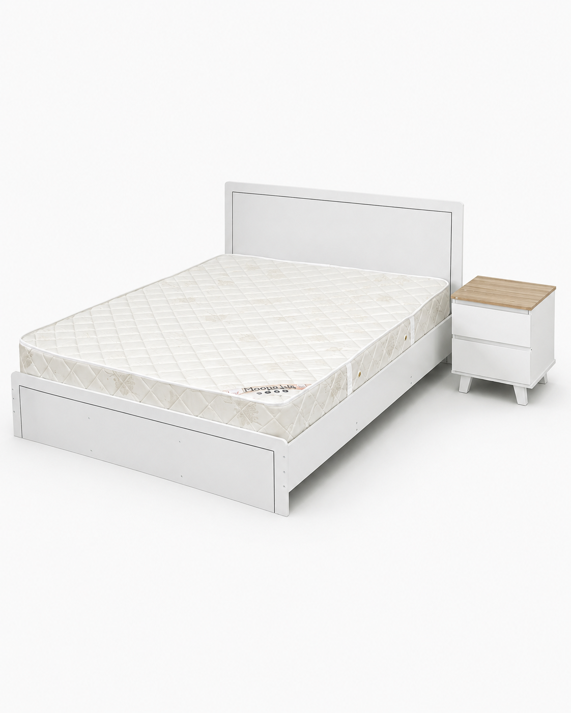 Home Box Queen Bed Set with Mattress & 1-Drawer Bedside Table | White, 160x200 cm