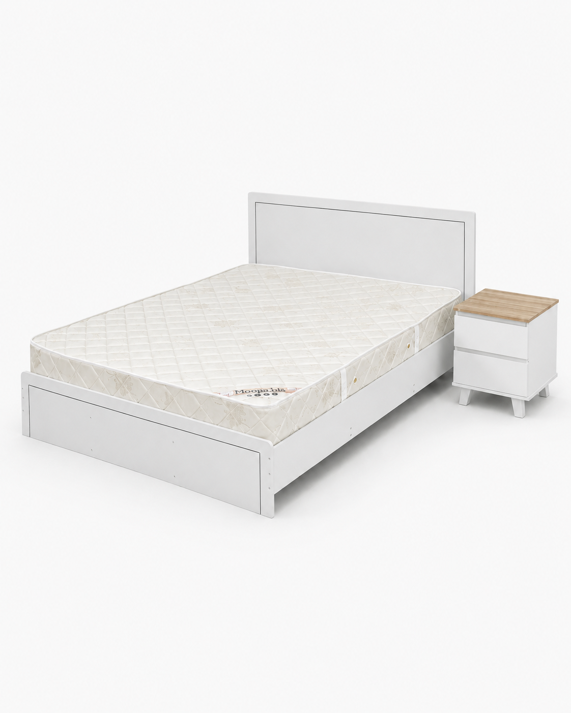 Home Box Queen Bed Set with Mattress & 1-Drawer Bedside Table | White, 160x200 cm