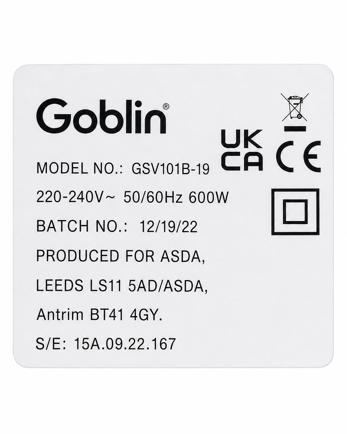 Goblin GSV101B-19 2-in-1 Corded Stick & Handheld Vacuum Cleaner – 600W – Black