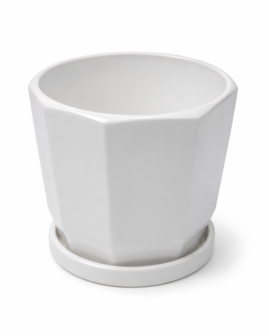 Modern White Geometric Ceramic Planter with Saucer