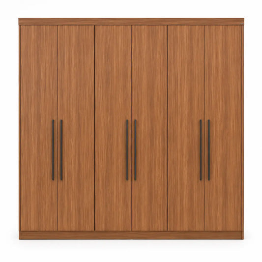 6-Door Wood-Grain Wardrobe with Black Metal Handles - used 8 months