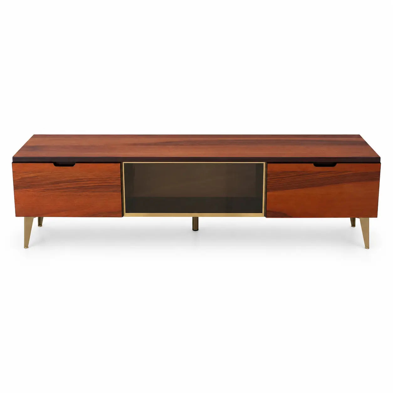 Contemporary Mid-Century Modern TV Unit | Walnut, Bronze Glass, Gold Legs - used 3 months