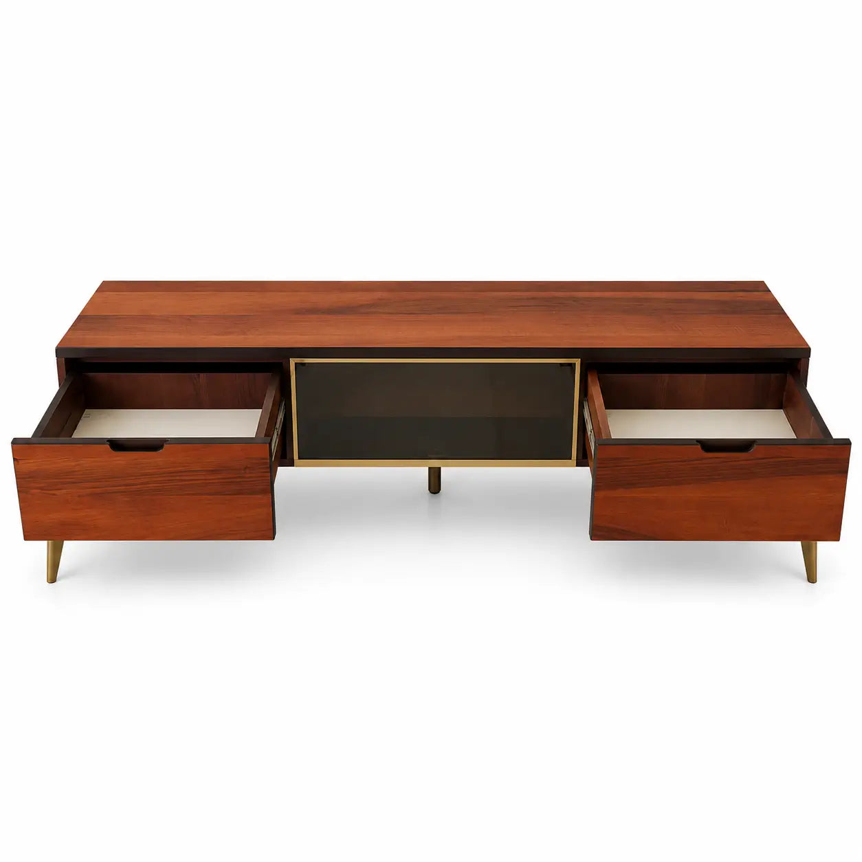 Contemporary Mid-Century Modern TV Unit | Walnut, Bronze Glass, Gold Legs - used 3 months