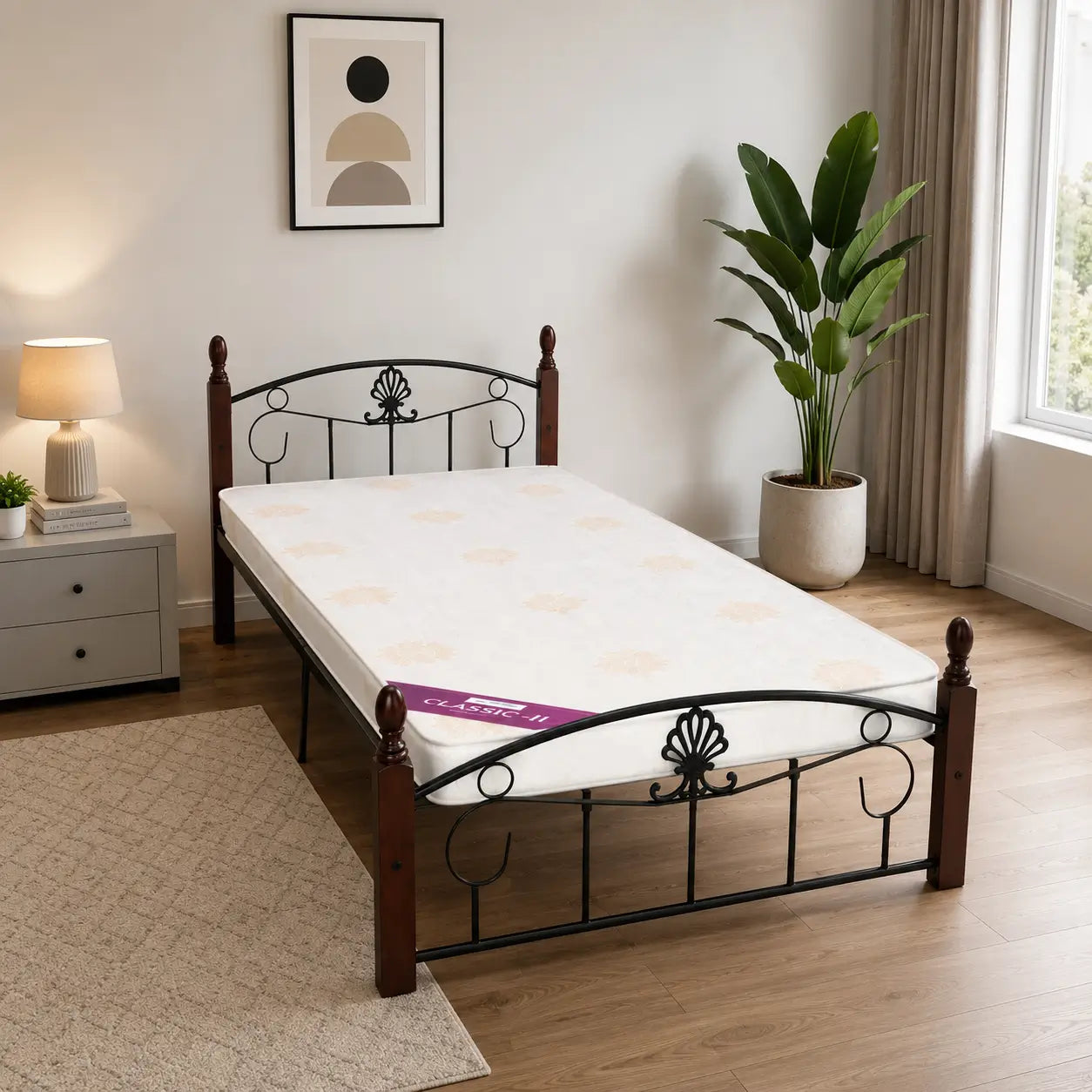 Single Wooden Steel Bed Frame | Cherry Brown & Black, Ornamental Scrollwork, 190x90 cm - used 7 months