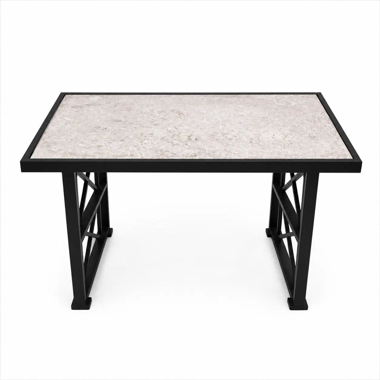 Industrial Center Table | Speckled Stone/Quartz Top, Black Metal X-Brace Frame - used 3 months