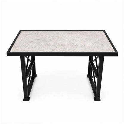 Industrial Center Table | Speckled Stone/Quartz Top, Black Metal X-Brace Frame - used 3 months