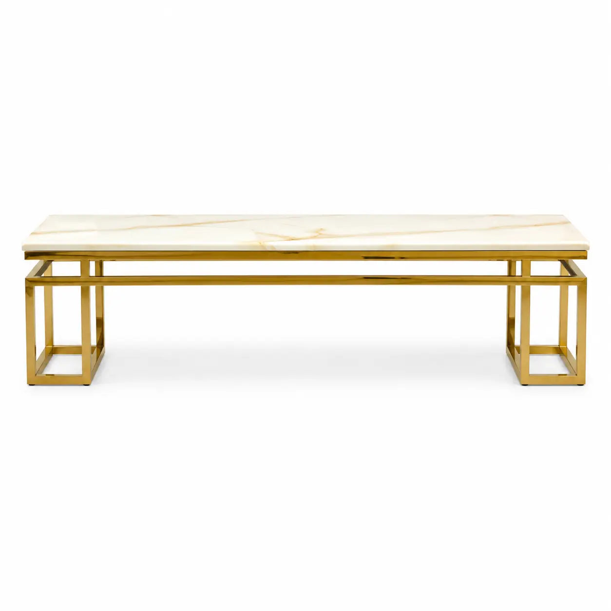 Marble Cocktail Table | Polished Stone Top, Gilt Gold Geometric Base - used 4 months