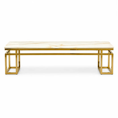 Marble Cocktail Table | Polished Stone Top, Gilt Gold Geometric Base - used 4 months
