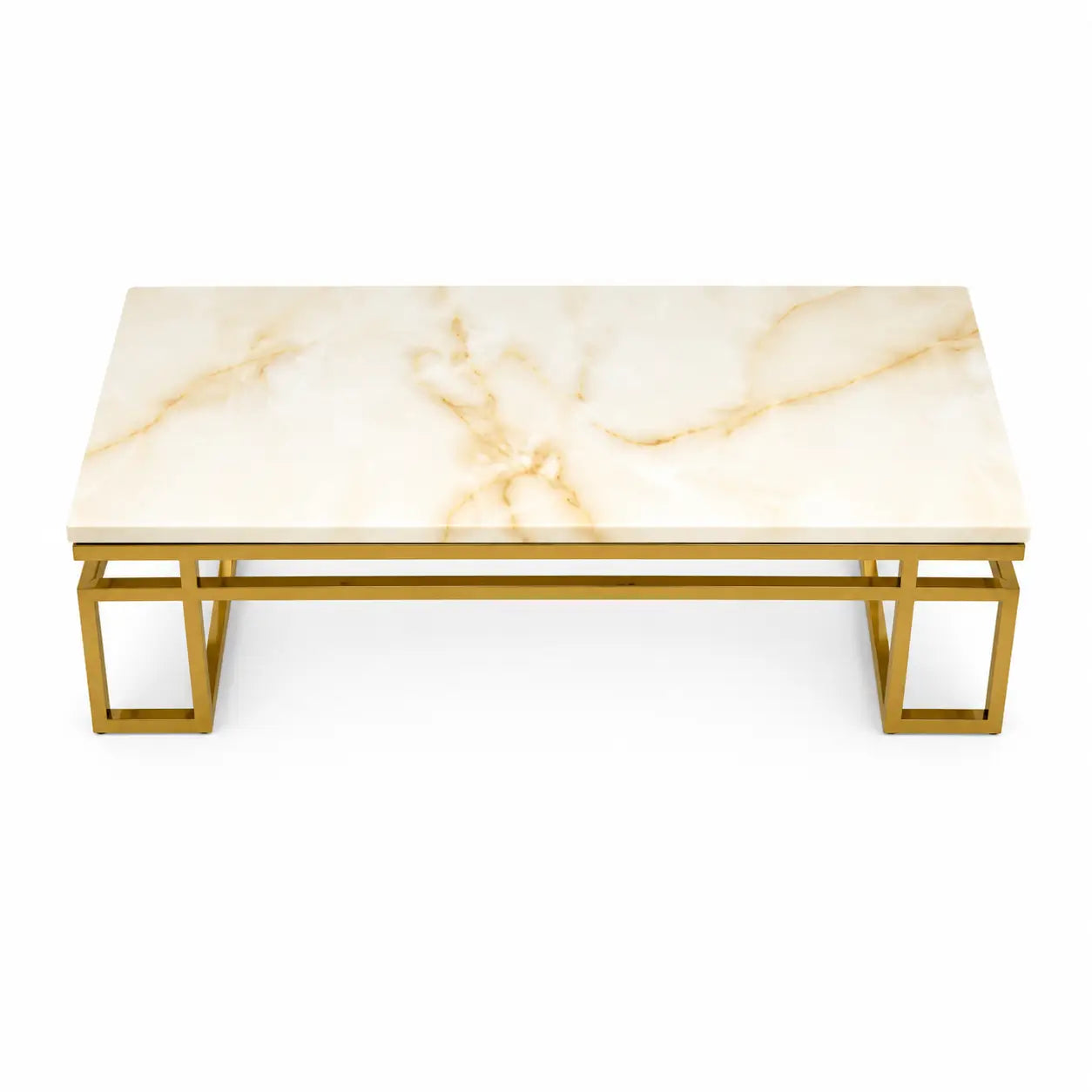 Marble Cocktail Table | Polished Stone Top, Gilt Gold Geometric Base - used 4 months