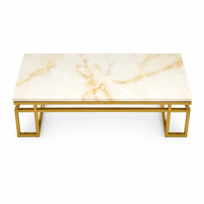 Marble Cocktail Table | Polished Stone Top, Gilt Gold Geometric Base - used 4 months