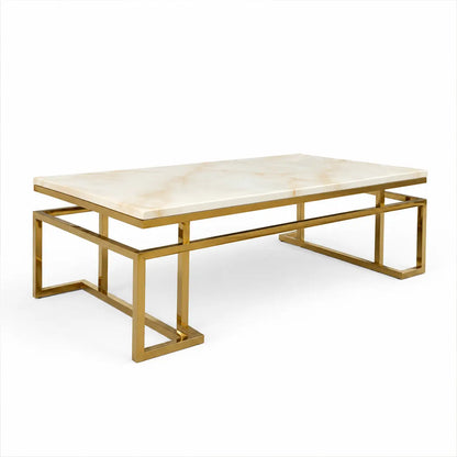 Marble Cocktail Table | Polished Stone Top, Gilt Gold Geometric Base - used 4 months