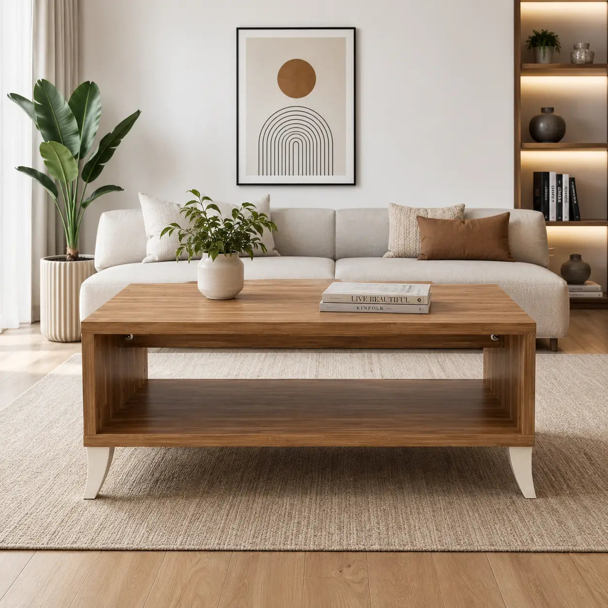 Coffee Table | Pine Brown & Off-White, Open Shelf - used 4 months