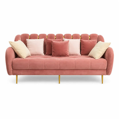 Mid-Century Modern Dusty Pink Velvet Sofa Set | 3+2 Seater, Scalloped Back, Gold Legs - used 9 months