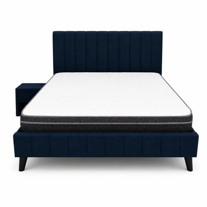 Queen Bed Set with Mattress | Navy Blue Velvet, Channel Tufted Headboard, 160x200 cm - used 3 months